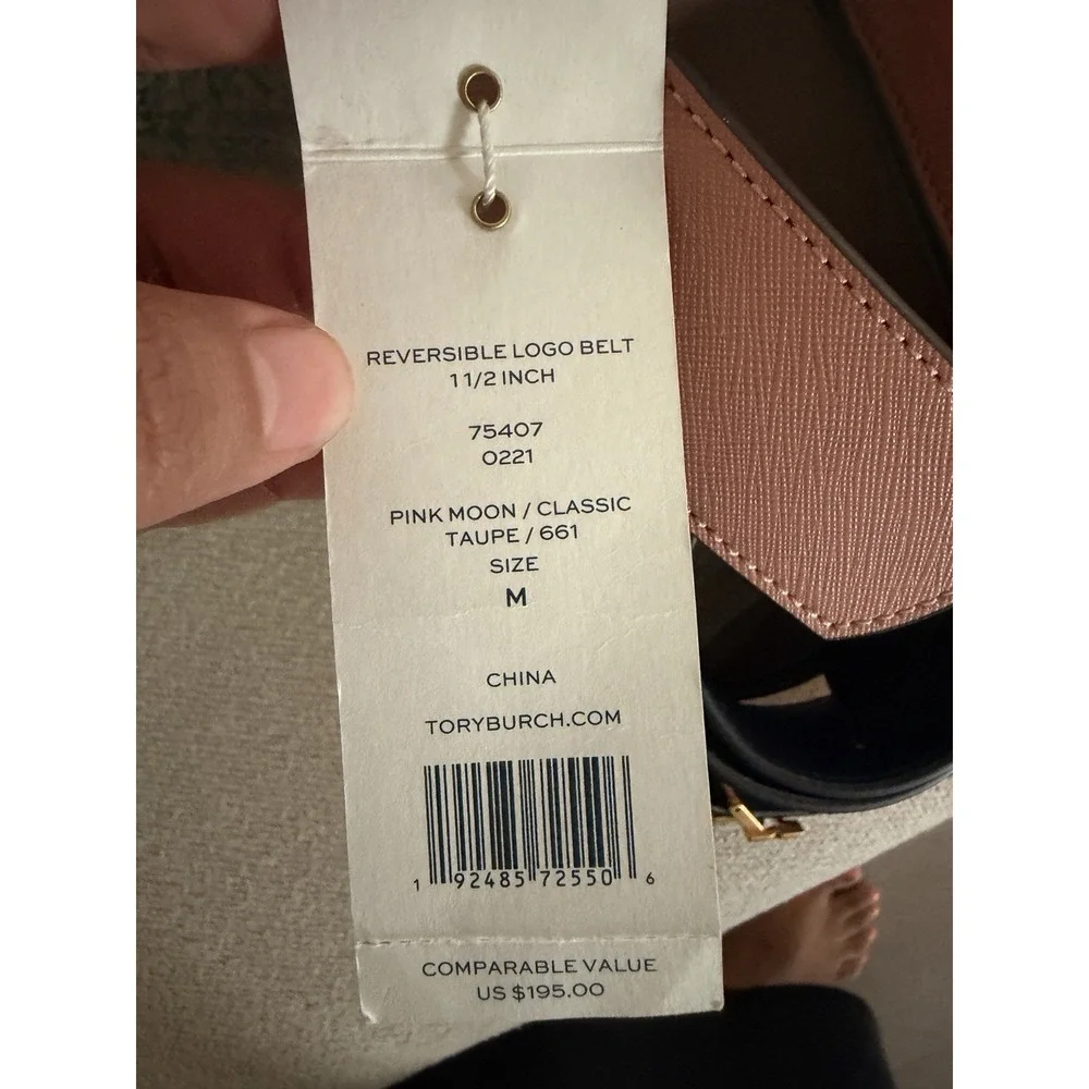 Tory Burch Reversible Logo Belt M Pink Moon Taupe Gold Double T NWT